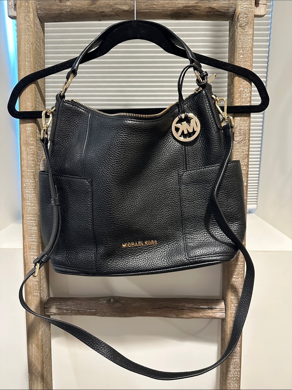 Michael Kors Black Pebbled Leather Hobo Shoulder Bag with Gold Hardware